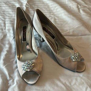 Nina Silver Satin Heels with Rhinestone Embellishments